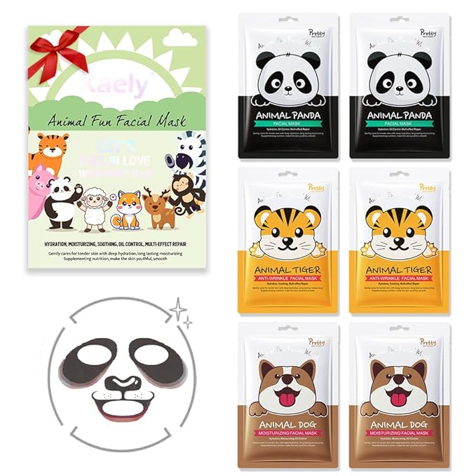 Kaely 6 Pack Animal Character Sheet Masks, Face Masks for Kids Teens Skin Care, Korean Soothe Facial Mask for All Skin Types, Girls Night Skincare Spa Party, Birthday Gifts for Women Men, Set01