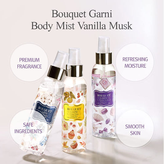 Bouquet Garni Body Mist Vanilla Musk Fragrance - Long-lasting Moisture & Fragrance, Mist for Women, Low Irritation (Containing Vitamin E, Citrus Acid) - 4.9 oz