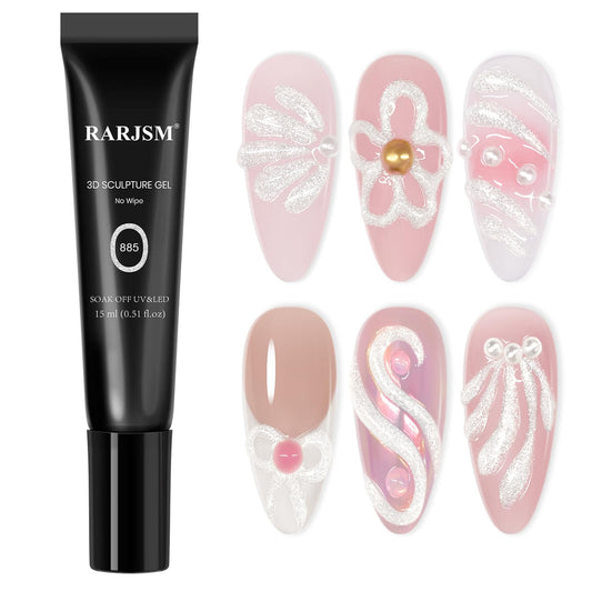 RARJSM 3D Nail Art Sculpture Gel Nail Polish Silver White Glitter Nail Charms Rhinestone Glue No Wipe DIY Drawing Hard Nail Craving Sculpting Gel UV LED Curing Requires Nail Decoration Manicure Design