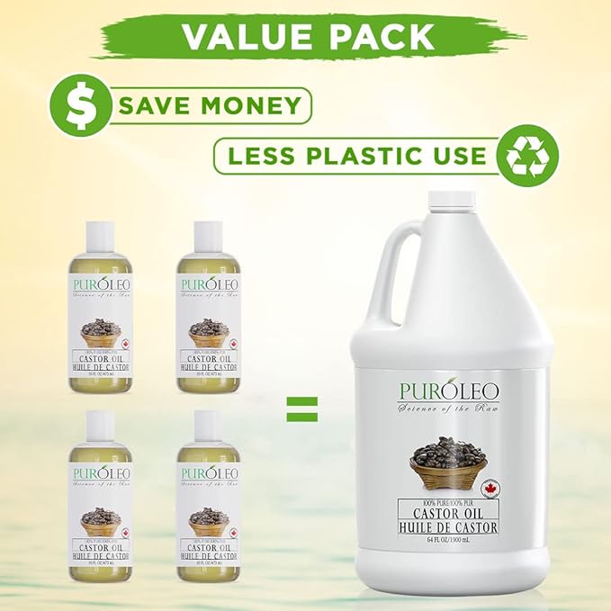 PUROLEO Castor Oil 64 Fl Oz/1900 ML (Packed In Canada) 100% Pure and Natural Hair, Lash, Beard, Eyelashes & Eyebrow Oil Black castor oil for brow lashes, Make eyelash serum, hair serum for dry hair