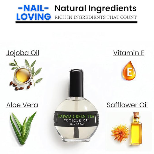 Moisturizing Cuticle & Nail Care Oil 2.3 Fl Oz - Papaya Green Tea Scented – Infused with Jojoba Oil, Aloe, Vitamin E – Nail & Cuticle Hydration, Repair, Moisturizer, Strengthener, Growth