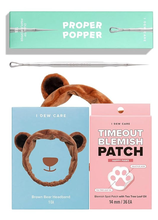 I DEW CARE Acne Care Set - Happy Paws & Proper Popper & Headband | Cute Pimple Patches, Absorbing with Tea Tree Leaf Oil, Blemish Treatment for Face, Trouble Spot Remover, Mother's Day
