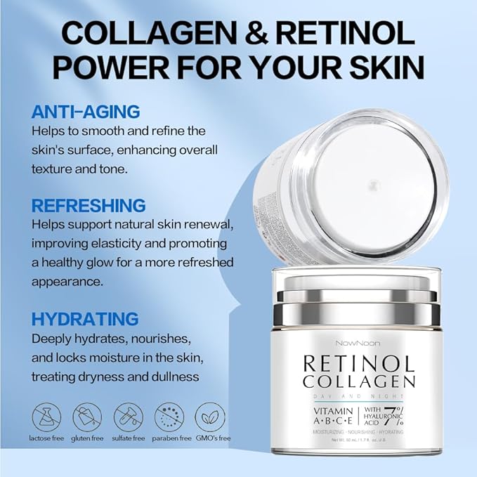 Collagen, Retinol & Hyaluronic Acid Face Cream - Anti-Aging Face Moisturizer Cream for Neck & Body Tightening Skin, Daily Moisturizer Face Cream for Women and Men - 1.7 fl.oz.