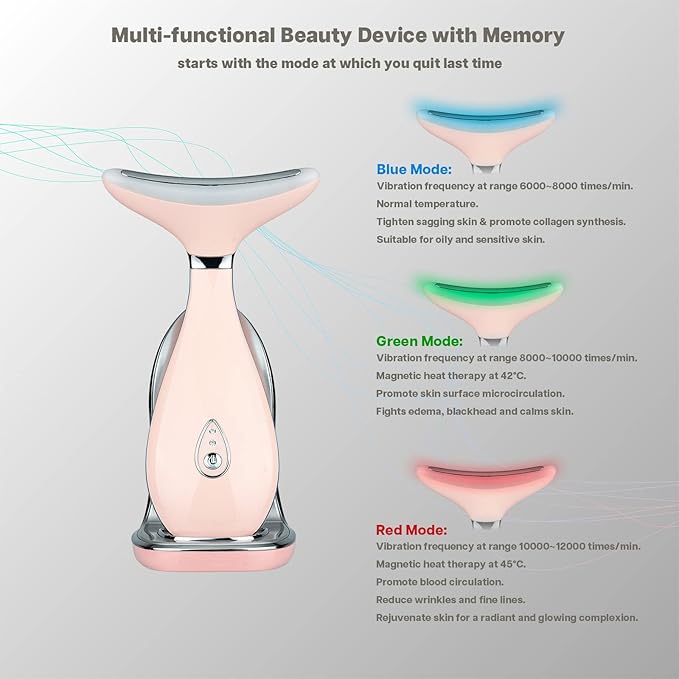 Lily Neck Face Massager Skin Rejuvenation Device (Pink) with Triple Action LED, Natural Jade Comb Head Massager Scalp Massage Comb