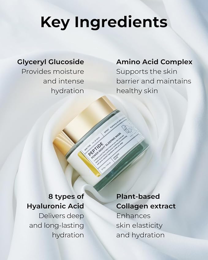 BOM COSMETICS Peptide Power Night Sleeping Mask 2.64 Fl Oz, High-Density Hydrating Overnight Facial Mask with Penta-Peptides and 99% Pure Gold for Skin Elasticity, Smooth Skin Texture, Korean Skincare