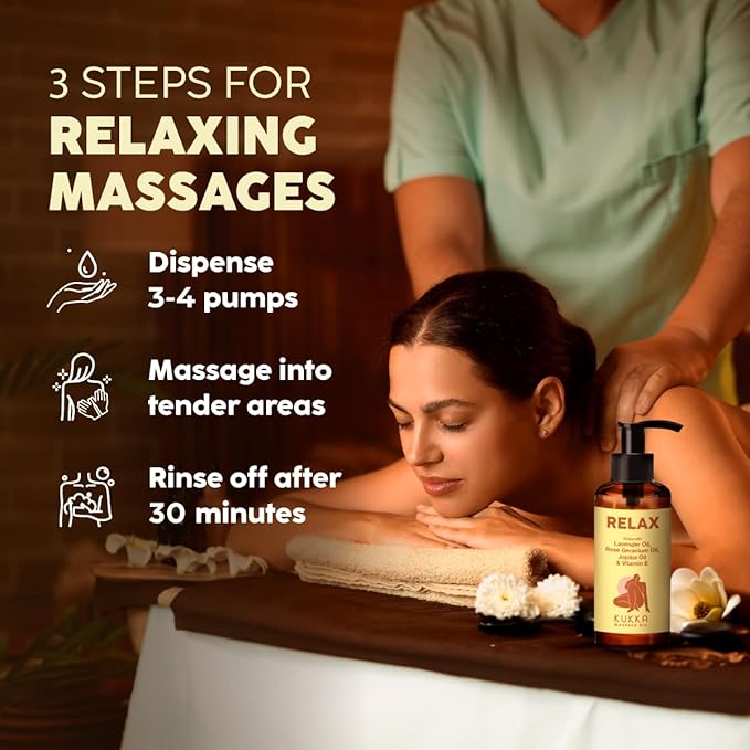 Kukka Relax Massage Oil for Massage Therapy - 6.76 Fl Oz - 100% Pure Natural Full Body Oil Relaxing, Warming for Women & Men, with Lavender, Jojoba, Rose Geranium & Vitamin E