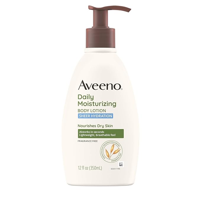 Aveeno Sheer Hydration Daily Moisturizing Fragrance-Free Lotion with Nourishing Prebiotic Oat, Fast-Absorbing Body Moisturizer for Dry Skin with Lightweight, Breathable Feel, 12 fl. oz