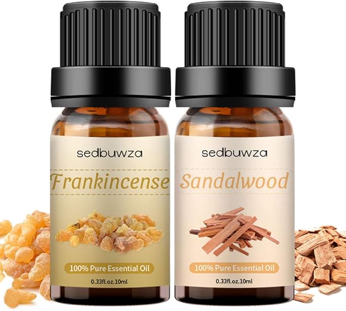 Sedbuwza Sandalwood Frankincense Essential Oil Set, Sandalwood Fragrance Oil Frankincense Scent Oil Set for Diffuser, Aromatherapy, Massage, Soap, Candle Making 2 x 10 ml