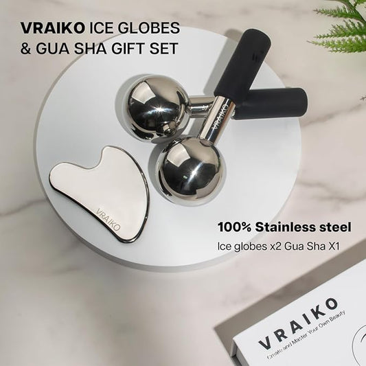 ICE Globes for Facials & Gua Sha Set, Gua Sha Facial Tools and Cryo Sticks with Unbreakable Steel, Face Massager Cooling Rollers for Dark Circles, Puffiness and Lymphatic Drainage (Black)