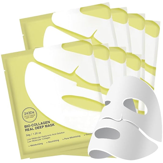 Bio-Collagen Overnight Collagen Face Mask, Deep Collagen Anti-Wrinkle Lifting Glass Glow Face Mask for Moisturizing, Firming, Glowing Skin Care, Bio Collagen Sheet Mask for All Skin Types, 8 Packs