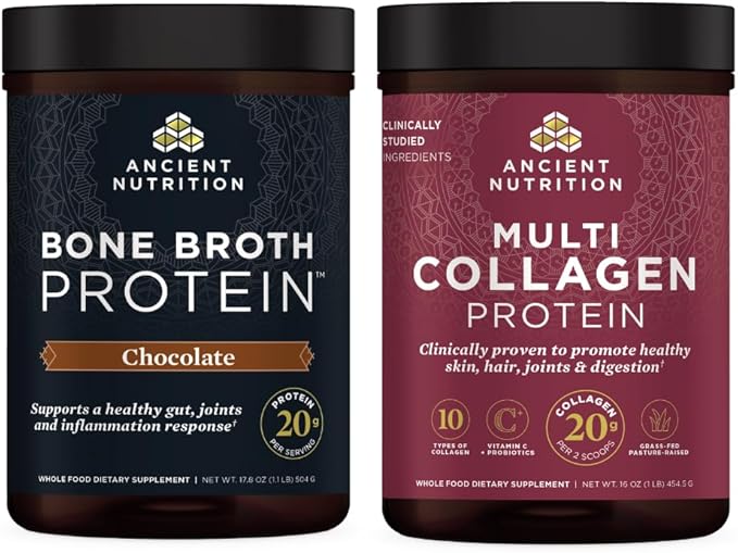 Ancient Nutrition Multi Collagen Protein Powder, Unflavored, 45 Servings + Bone Broth Protein Powder, Chocolate, 20 Servings