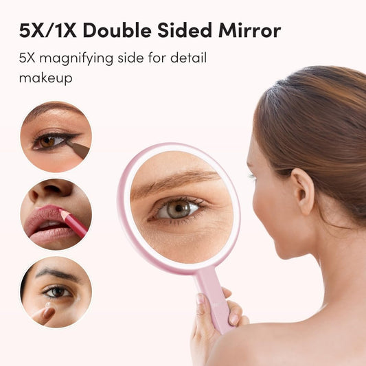 Fancii Cami Handheld Travel Makeup Mirror with Lights, Rechargeable, Extra Large, Double Sided 5X / 1X Magnifying Mirror - 3 Color Lighting, Handheld or Vanity (Strawberry Cream)