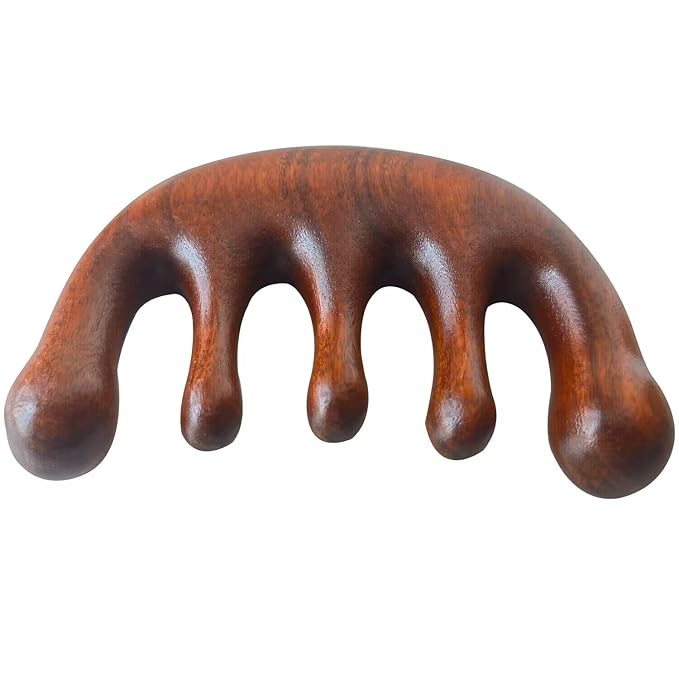 Wooden Massage Comb - 100% Natural Handmade Pure Wood Five-tooth Meridians Scalp Massager - No Static Wide Tooth Comb for Head - Scraping Massage Tool (Plain Style)