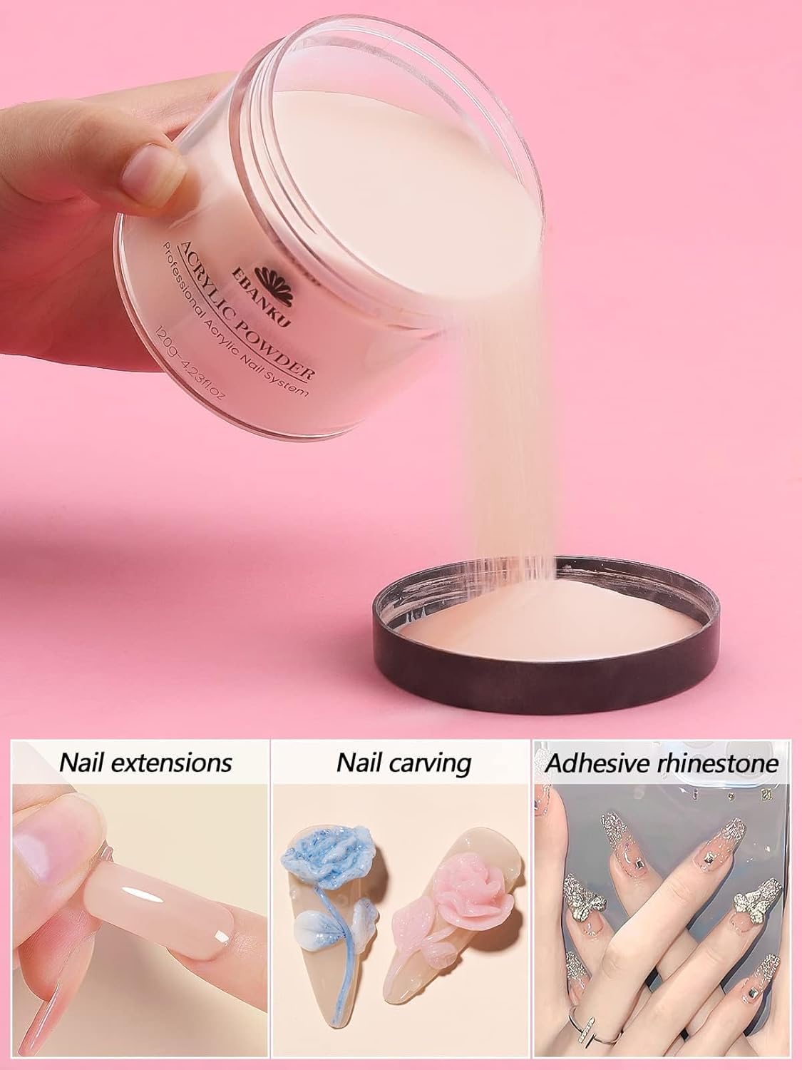 EBANKU Nude Acrylic Powder, 120g/4.23oz Acrylic Powder Large Capacity Professional Acrylic Nail Powder for Nail Acrylic Extension, Nail Carving, Long-Lasting, No Nail Lamp Needed