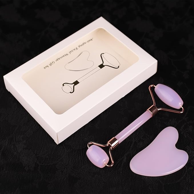 Female Facial gua Sha Jade Roller Tool Set Rose Quartz Crystal face Roller Massager Jade White Jade Massage The face, Eyes (C-Pink)