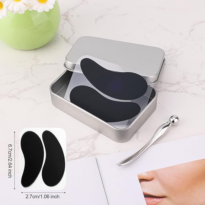 Reusable Eye Patch, Silicone Reusable Eye Gel Pads Eye Wrinkle Patches Under Eye Mask, Plump Fine Lines & Wrinkles with Metal Eye Cream Applicator & Tin Case (Black)