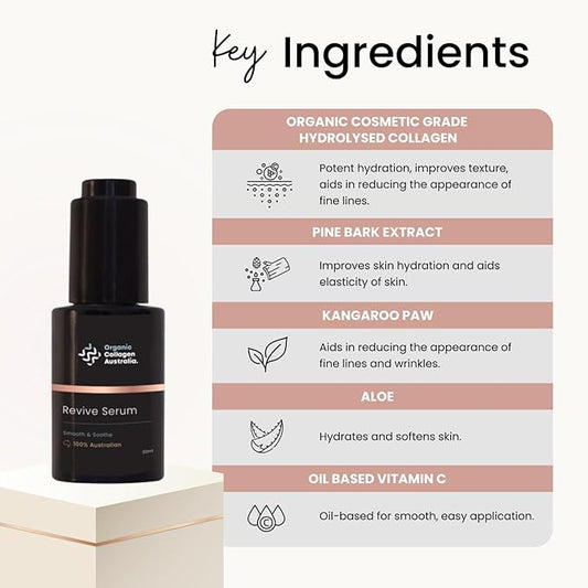 Organic Collagen Australia Revive Serum – Hydrating Face Serum with Hydrolyzed Collagen, Aloe Vera, Pine Bark Extract & Vitamin C – Smooths Fine Lines, Nourishes, & Softens Skin (1 oz)