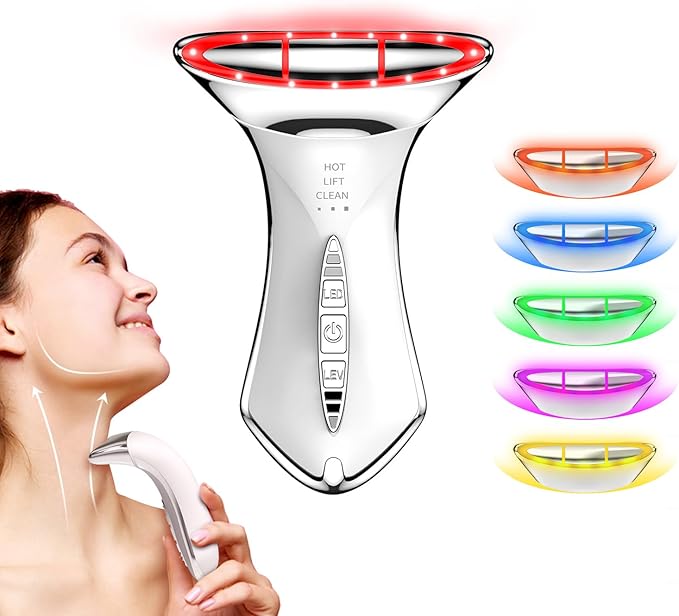 True Beauty Glow Facial Massager for Neck Care, Red Light for Face,Water Resistant 5-in-1 Led Facial Sculptor (White-Silver)