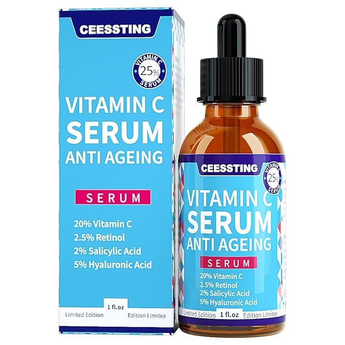 Ceessting Vitamin C Serum for Face - Anti-Aging Facial Serum with Hyaluronic Acid and Vitamin E - Improves Skin Texture, Glow and Elasticity - Reduces Wrinkles, Fine Lines and Dark Spots - 1 oz