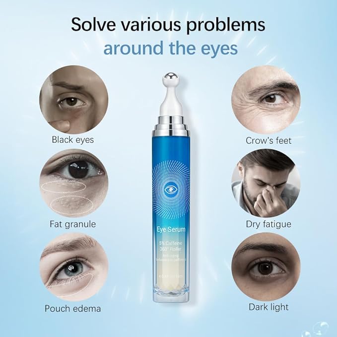 5% Caffeine Eye Serum with 360° Massage Rollerball Topper,Caffeine Eye Cream for Dark Circles,Wrinkles,Puffiness and Fine Lines,Under Eye Roller Cream Eye Bags Treatment for Women and Men