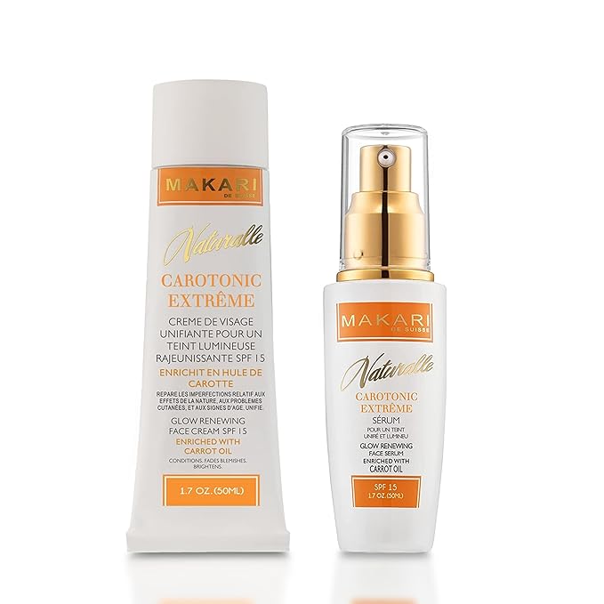 MAKARI Naturalle Carotonic Extreme Glow Renewing Face Cream SPF15 & Brightening Serum Set | Moisturizes, Brightens, & Rejuvenates Skin | Reduces Acne & Scars | Anti-Aging & Antioxidant Protection for