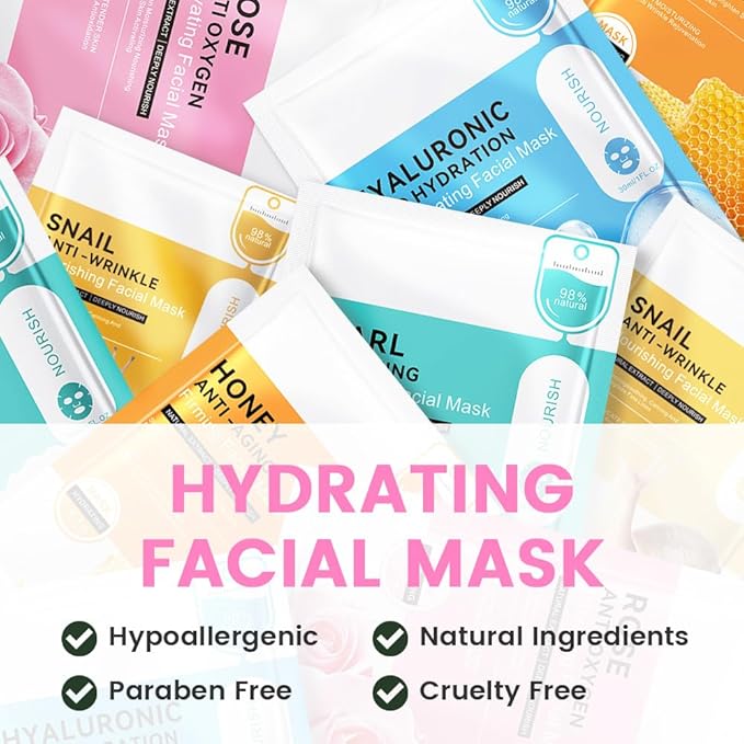 Rose Face Sheet Mask Skincare,Hydrating Spa Face Mask For Sensitive Skin,Moisturize,Nourish for All Skin Types,Natural Skin Care Spa Face Mask for Women Men Girls,Pack of 8