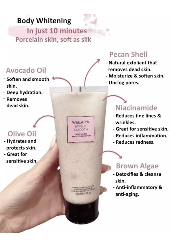 Bright Smooth Niacinamide Pecan Body Scrub – 200mL / 7.04 fl oz – Exfoliating Scrub for Body Acne & Dead Skin – Gentle, Hydrating, Non-Drying Formula for Smooth, Renewed Skin