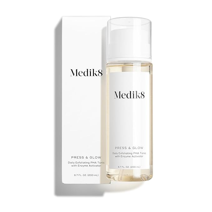 Medik8 Press & Glow Daily Exfoliating PHA Tonic with Enzyme Activator - Polyhydroxy Acid Toner - Gentle, Cleansing Face Exfoliator - 6.7 oz