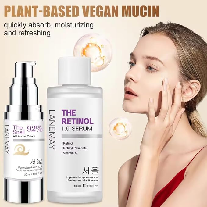 The LANEMY Retinol Serum & Snail Mucin Cream Skin Care Set, Daily Glow & Brighten, Fine Lines & Crow's Feet Treatment, Day and Night Care