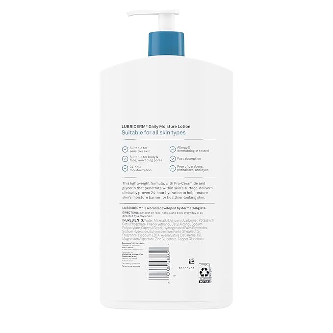 Lubriderm Daily Moisture Lotion + Pro-Ceramide with Shea Butter and Glycerin Helps Moisturize Dry Skin, Hydrating Face, Hand and Body Lotion, Lightly Scented, Non-Greasy, 24 FL OZ