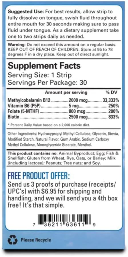2,000 mcg Methylcobalamin Vitamin B12 Sublingual Energy Strips | Biotin, B6, 5-MTHF L-Methylfolate | Sublingual B12 Vitamins, Folate | Energy, Brain Health, Nerve Function - 30 Strips