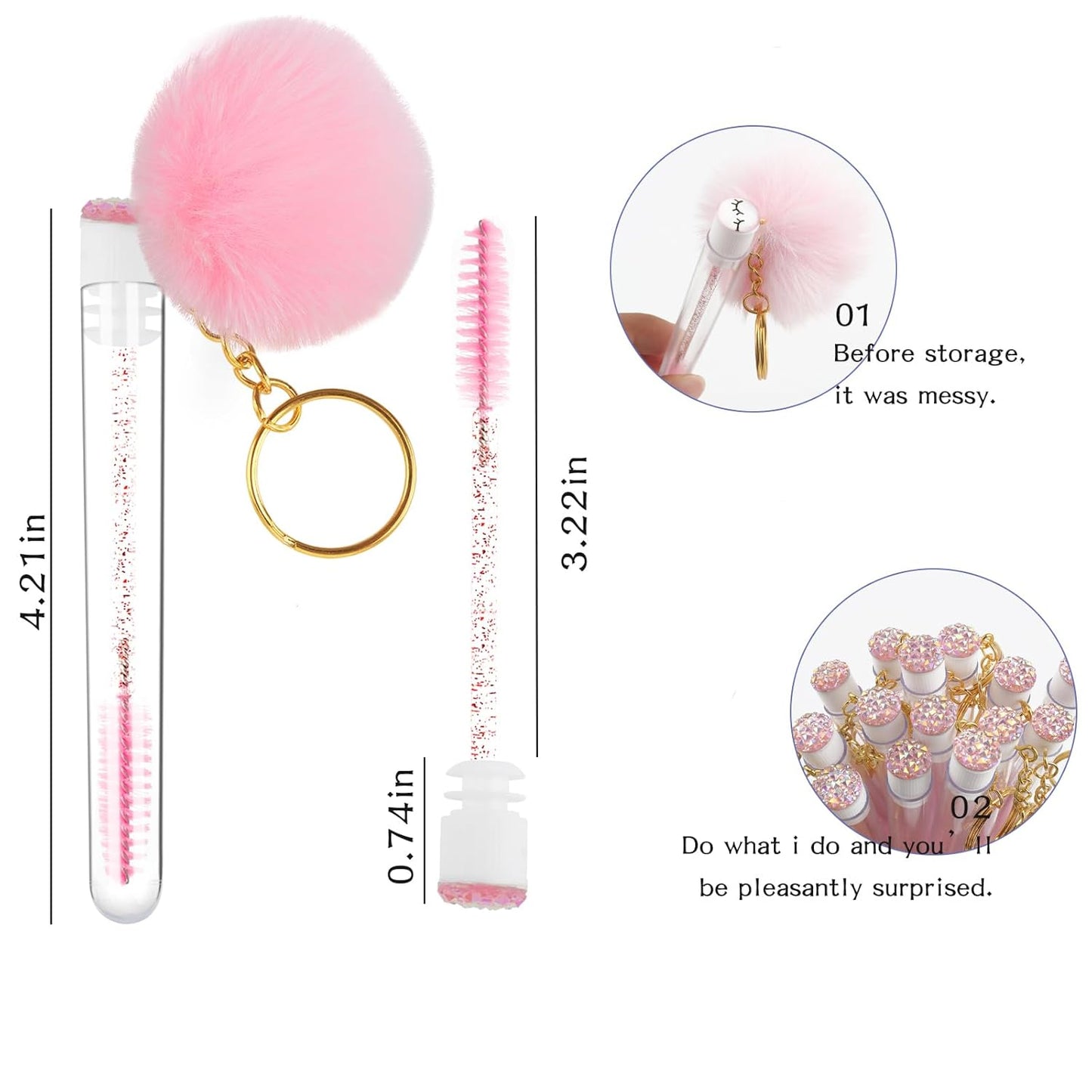 48 Pieces Disposable Mascara Wands Set,Include 24 pcs Disposable Crystal Lash Spoolies Brush and 24 Pieces Reusable Diamond keychain Empty Eyelash Brush Tubes for Women Girls Makeup Brush Kit