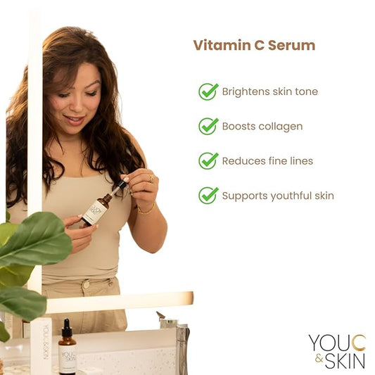 You C & Skin Vitamin C Serum for Face & Neck for Men & Women - Anti-Oxidant Rich, Collagen Boosting, Repairs & Protects against Sun Damage