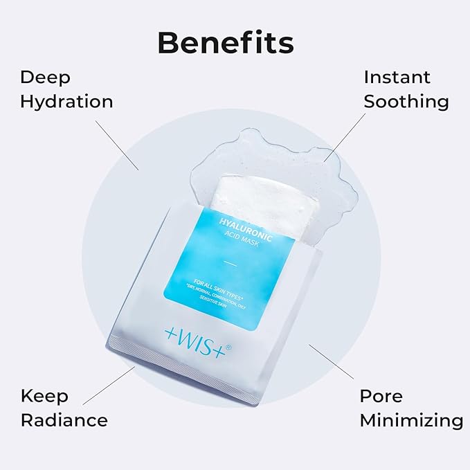 '+WIS+ Hyaluronic Acid Face Mask 24 EA with Hyaluronic Acid Serum and Vitamin B5, Hydrating Facial Mask for Dry Skin, Anti-Aging Mask to Plump and Repair Dehydrated Skin, Safe on Sensitive Skin