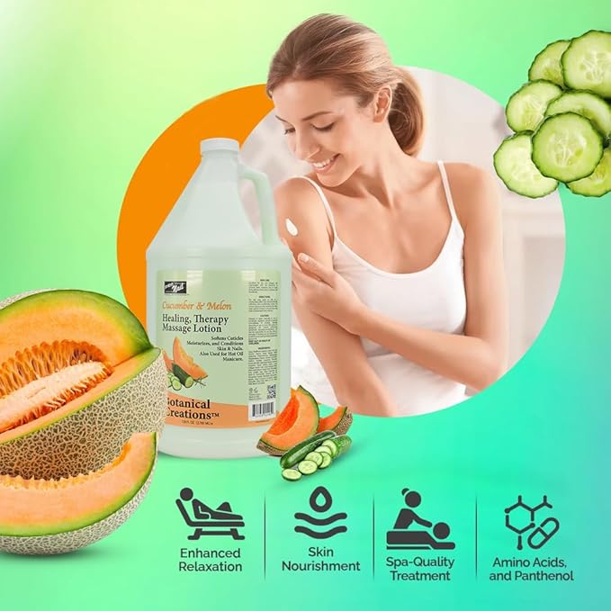 PRO NAIL - Healing Therapy Massage Lotion - Professional Pedicure, Body and Hot Oil Manicure, Infused with Natural Oils, Vitamins, Panthenol and Amino Acids (Cucumber and Melon, 1 Gallon)