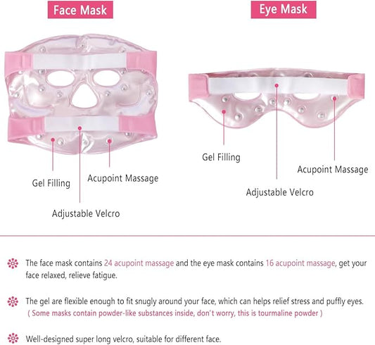 Ice Face Eye Mask for Cold Hot Compress Therapy, Gel Cooling Heat Facial Eye Mask Pack Reusable with Acupoint Massage & Tourmaline Powder for Skin Firming, Puffy Dark Circles Bags Eyes, Relief Pain