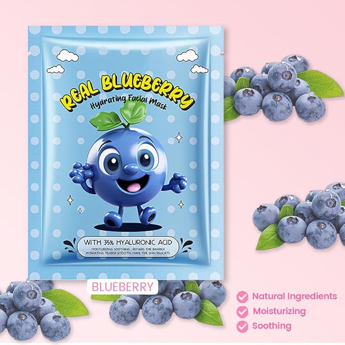 Kaely 10 Pack Blueberry Face Masks for Kids, Kids Face Mask Spa Day kit Supplies, Spa Party Favors for Teens Girls Women, Sheet Facial Mask Skincare Gifts Set, Moisturize for All Skin Types, 07