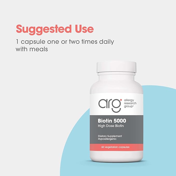 Allergy Research Group Biotin 5000 Supplement - 5000mcg Biotin, Vitamins for Hair, Skin and Nails, High Dose, Vegetarian Capsules, Hypoallergenic, Gluten Free - 60 Count