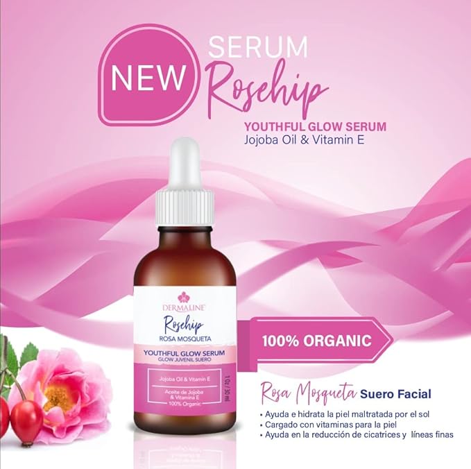 Dermaline Organic Rosa Mosqueta Rosehip Seed Oil 100% Pure Virgin Serum for Face with Jojoba Oil and Vitamin E