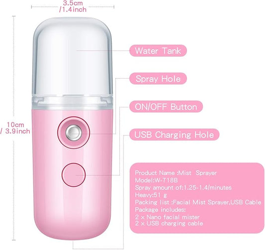 Honoson 2 Pieces Nano Facial Mister 30 ml Mini Face Humidifier Portable Facial Sprayer USB Rechargeable Handy Skin Care Machine for Face Hydrating, Daily Makeup (Dark Pink and White)