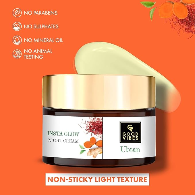 Good Vibes Ubtan Night Cream | with Saffron Turmeric & Vitamin B3 | Hydrating Overnight Restorative Moisturizer for Skin | No Parabens or Sulfates 1.76 Oz/50ml