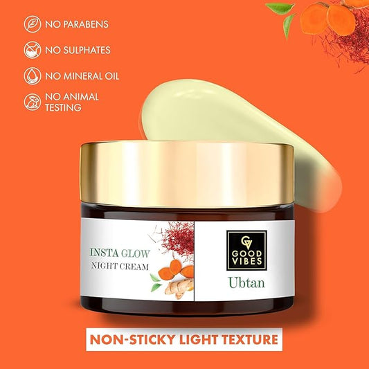 Good Vibes Ubtan Night Cream | with Saffron Turmeric & Vitamin B3 | Hydrating Overnight Restorative Moisturizer for Skin | No Parabens or Sulfates 1.76 Oz/50ml