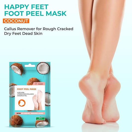 Happy Feet Foot Peel Mask Coconut, 03 Packs Original Exfoliant Foot Peel Mask, Callus Remover for Rough Cracked Dry Feet Dead Skin