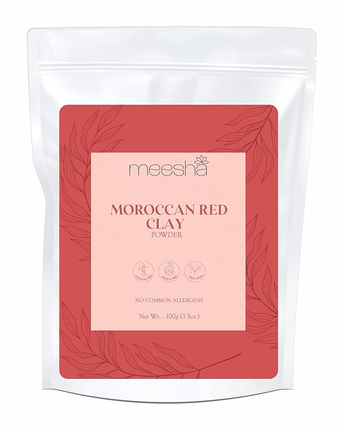 meesha Moroccan Red Clay Powder Red Clay | 3.5 oz (100g) | Detoxifying, cleansing, oil-absorbing, hair-conditioning clay | DIY face masks, body scrubs, dry shampoo, hair shampoo| 100% Natural