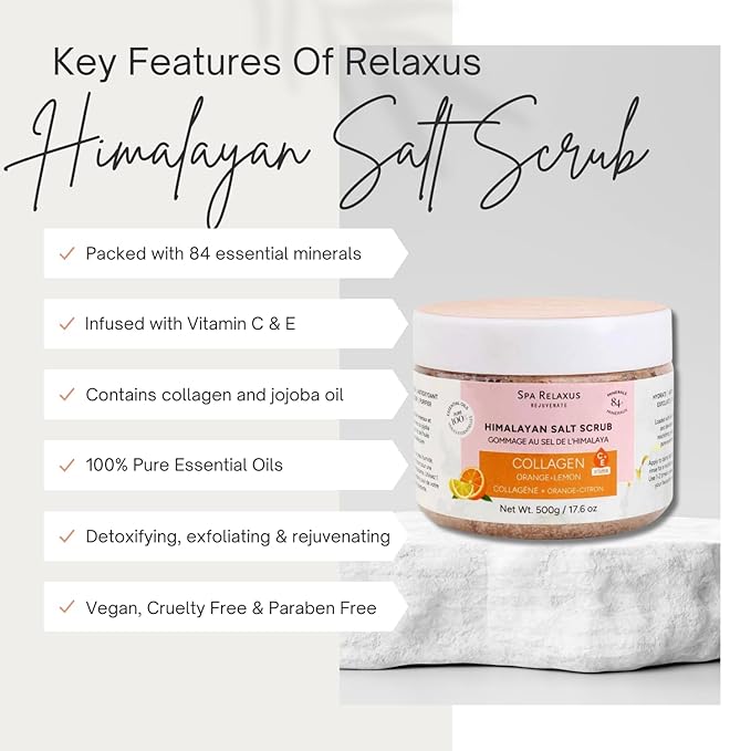 Spa Relaxus Himalayan Salt Scrub with Collagen 17.6 oz Jar, Rejuvenating Hydrating Salt Scrub with 84+ Minerals, Vitamin E, Jojoba Oil and Essential Oils (17.6 oz, Orange Lemon)