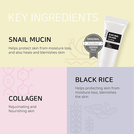 coxir BLACK SNAIL COLLAGEN EYE CREAM 1.01 fl.oz + CREAM 1.01 fl.oz | Black Foods, Snail Mucin, Collagen | Firming, Lifting, Moisturizing, Korean Skin Care