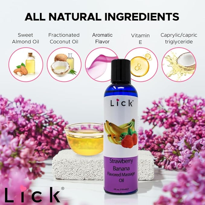 Lick Strawberries and Bananas Duo Massage Oil – Fruity, Edible, Lightweight, Body Safe, 4 oz