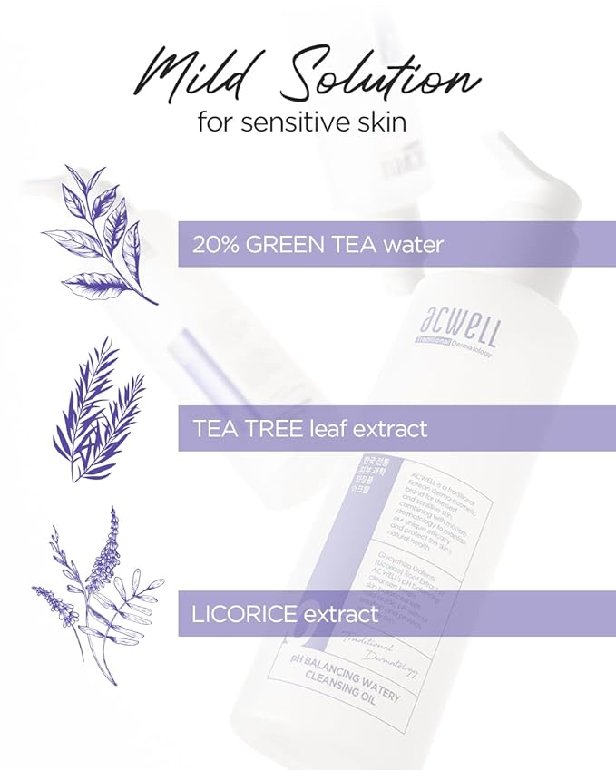 ACWELL pH Balancing Watery Cleansing Oil Facial Cleanser 6.76 fl.oz. - Makeup Cleansing Water Oil for Sensitive Skin, Lightweight Watery Oil Formula, Tea Tree Leaf Extract, Gentle Blackhead Cleanser