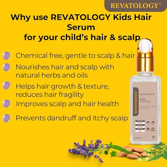 REVATOLOGY Kids Hair Serum (Made in USA) for Hair Thickness, Strength, Growth and Scalp Revitalization for straight, curly, waivy, coiled hair in toddlers, children, adults - chemical & cruelty free