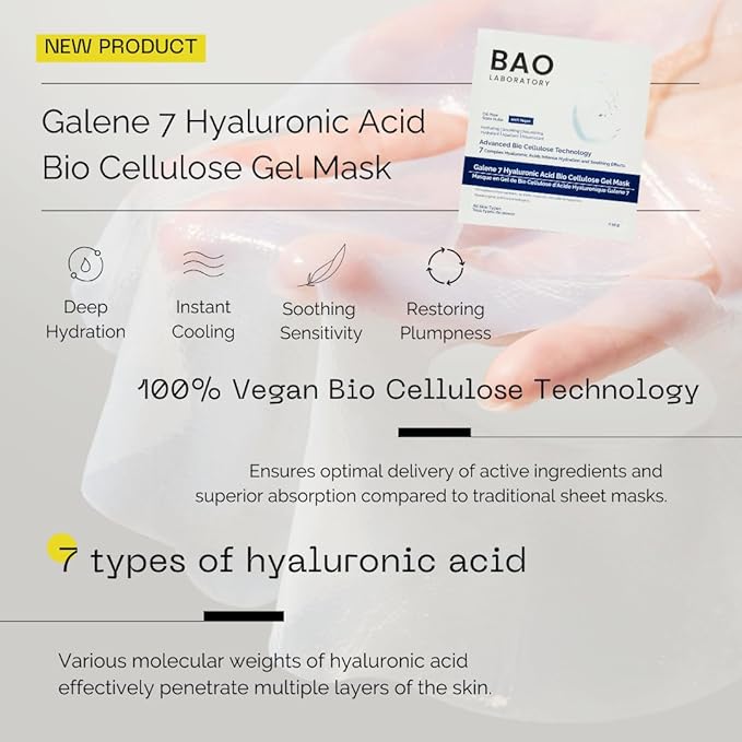 Galene 7 Hyaluronic Acid Bio Cellulose Gel Mask | Intense Hydration & Soothing Effects for Face | Skin Care Face Facial Mask | 100% Vegan, 330 g (6 pairs)